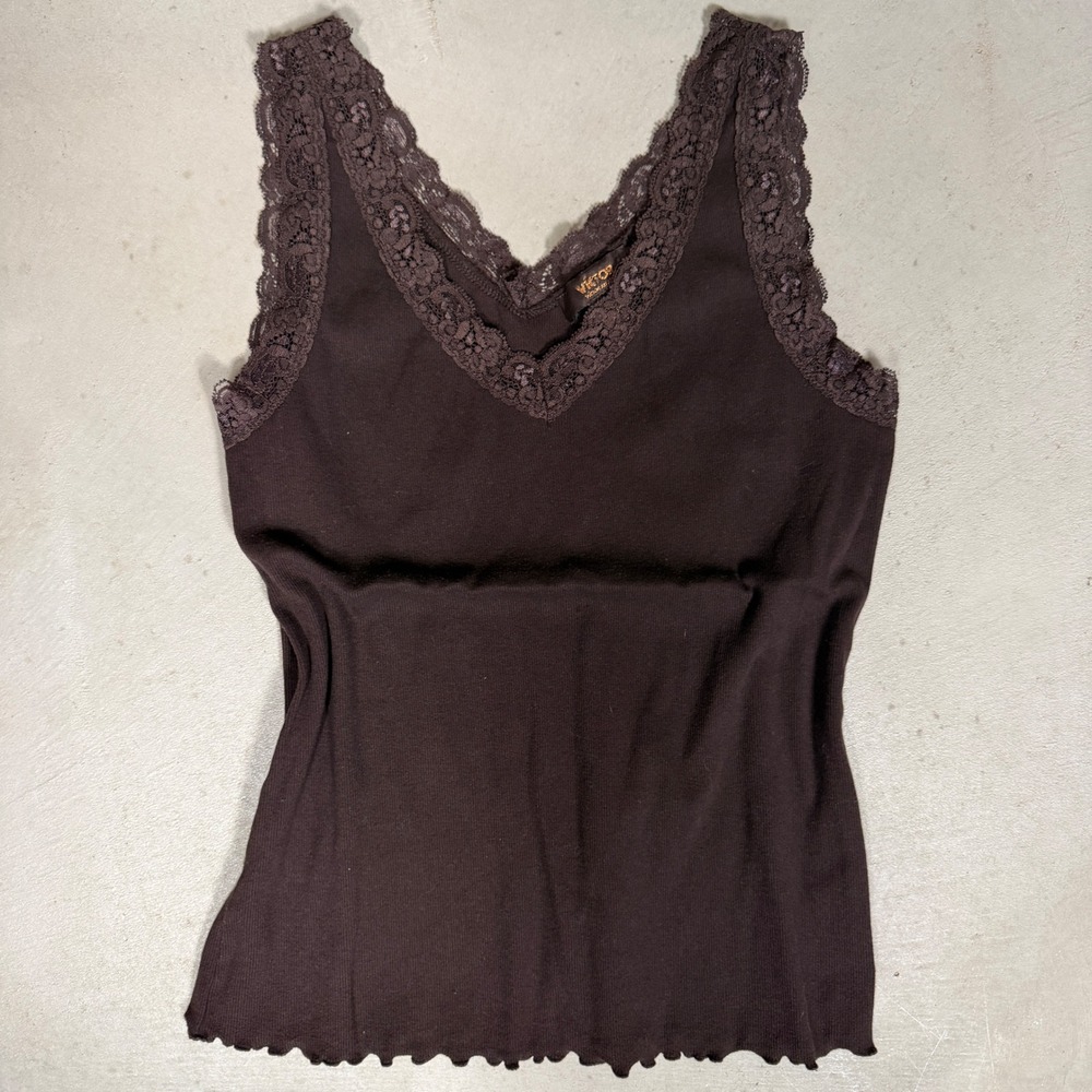 Victor Alfaro Womens Brown Lace Trim Ribbed V-Neck Tank Top Camisole Size L